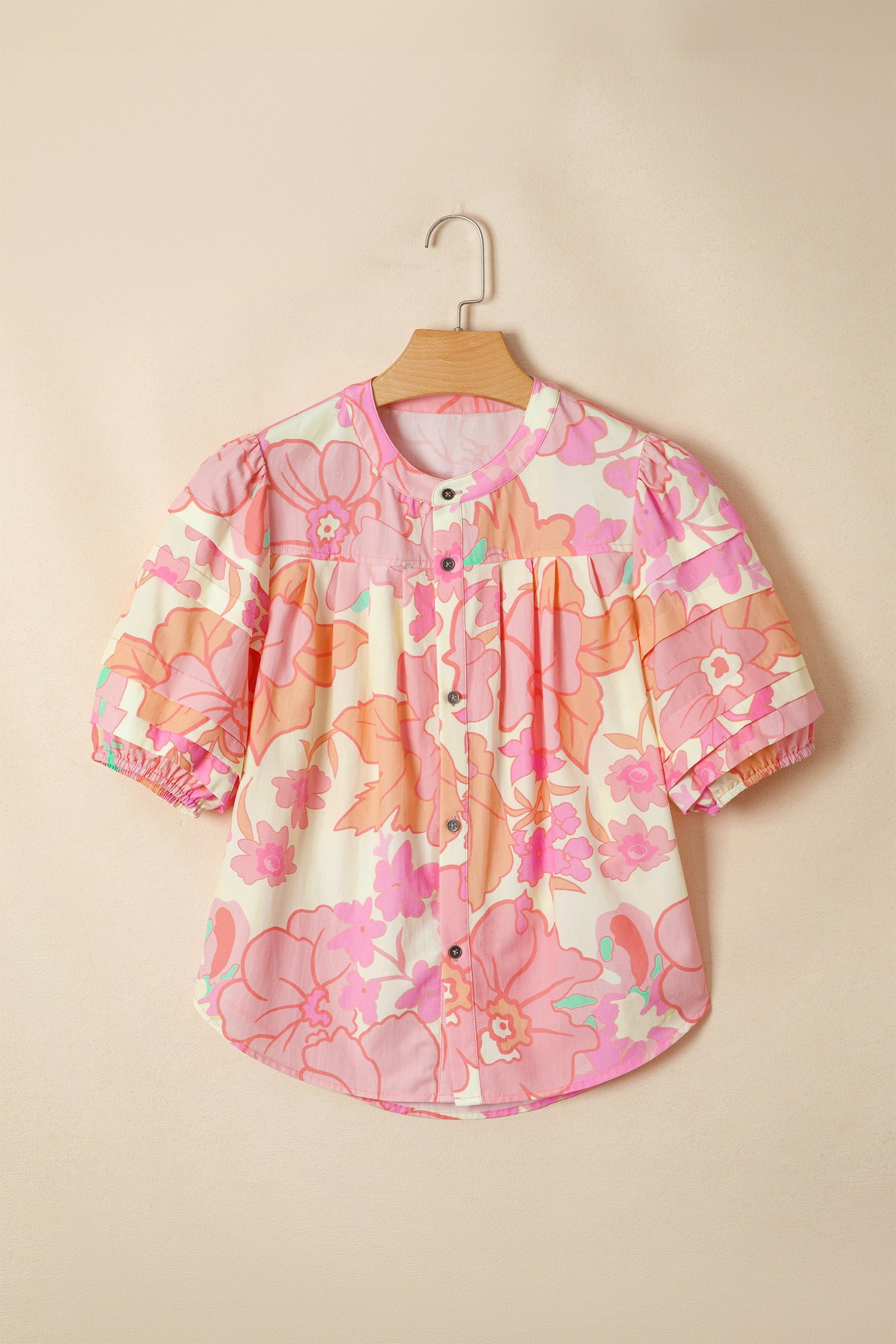 Chemise imprimé floral, manches courtes, boutonnée, pinces — rose