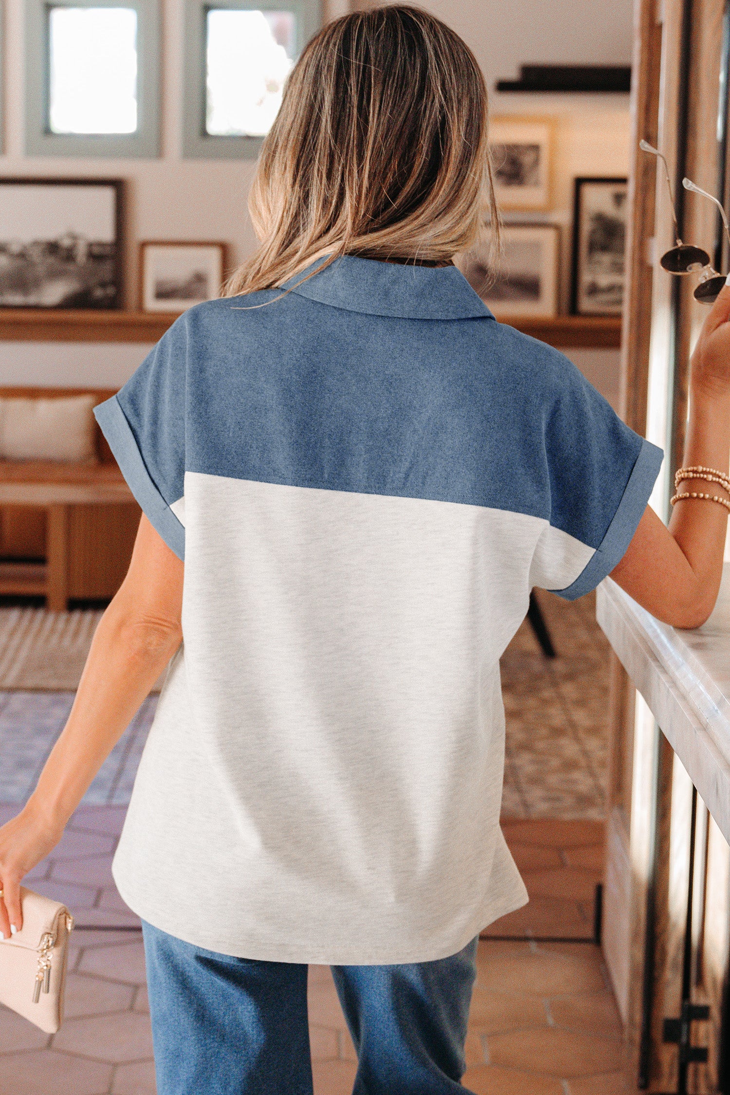 Haut color block, patchwork denim, manches courtes, col polo, boutons — noir