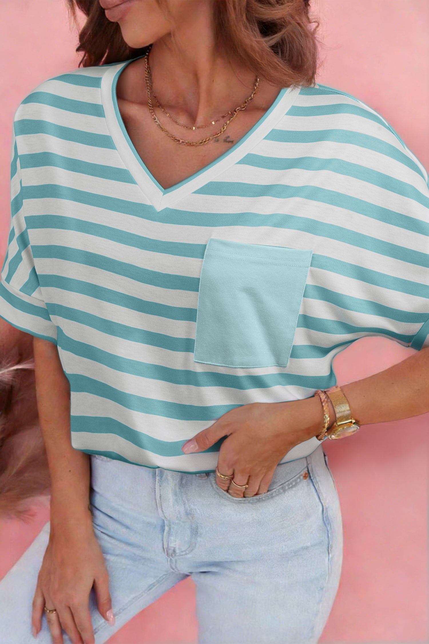 Pink Stripe V Neck Patched Pocket Casual T Shirt