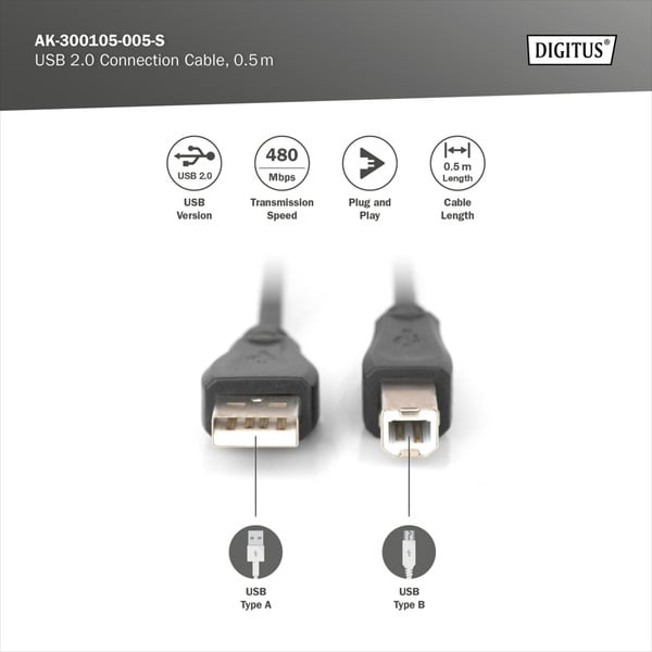 (€ 1,66 / 1 m) Digitus USB 2.0 Anschlusskabel USB-A (Stecker) > USB-B (Stecker) - Digitus - vue 4