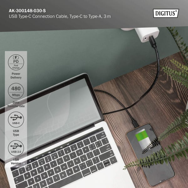 Digitus USB 2.0 Anschlusskabel USB-A > USB-C - Digitus - vue 3