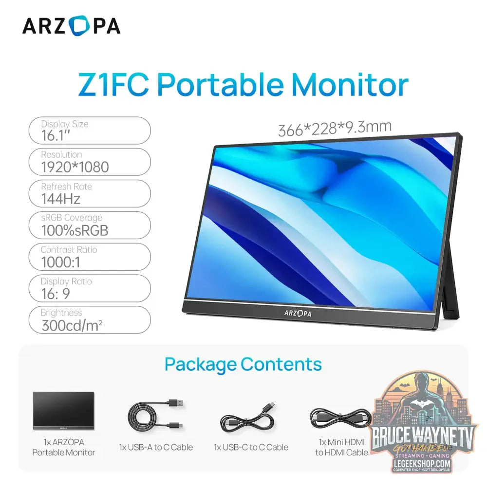 ARZOPA Moniteur portable 16,1 pouces 144 Hz 100 % sRGB 1080P FHD écran IPS deuxième écran externe pour ordinateur