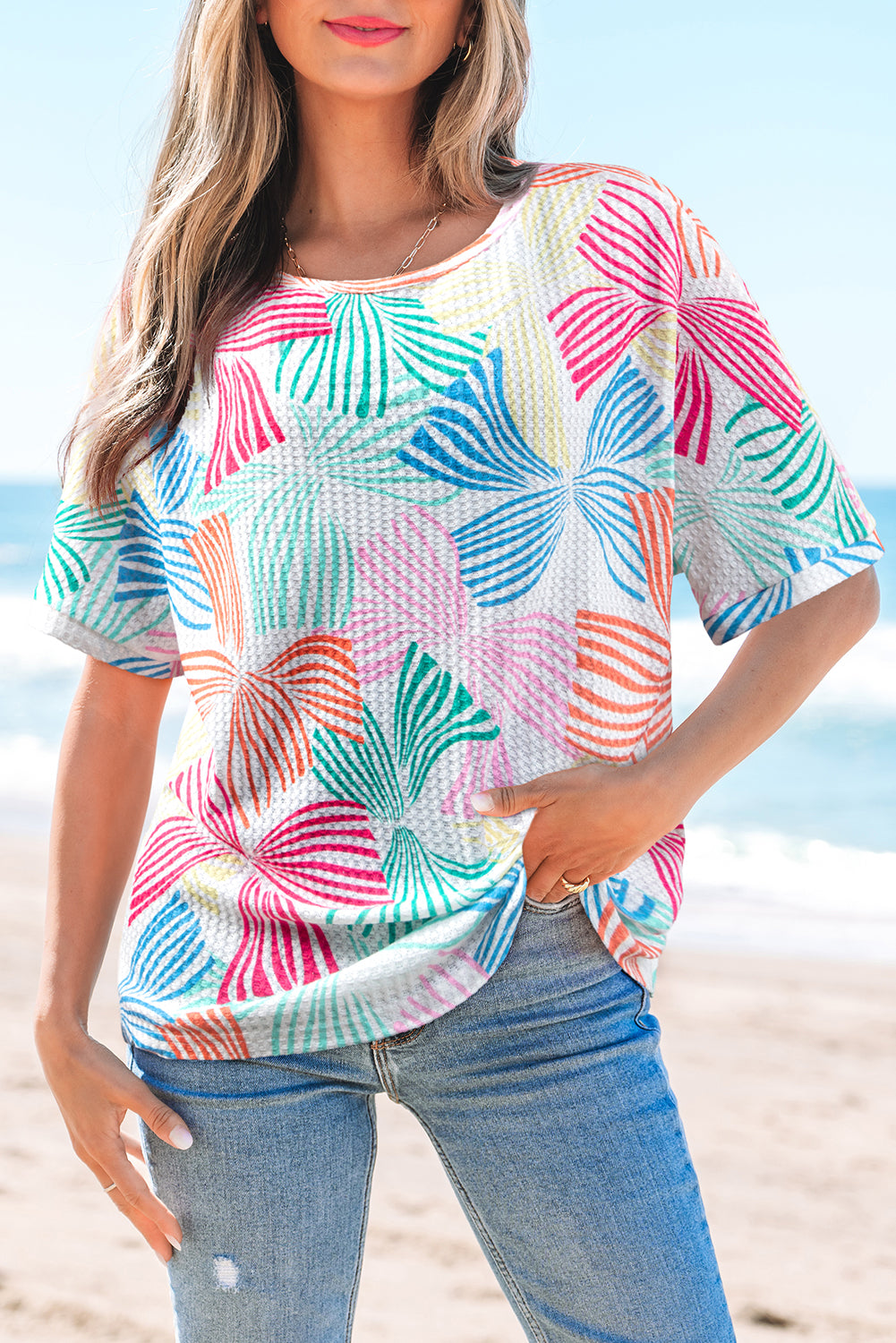 Pink Bowknot Printed Waffle Crewneck Loose Short Sleeve Top