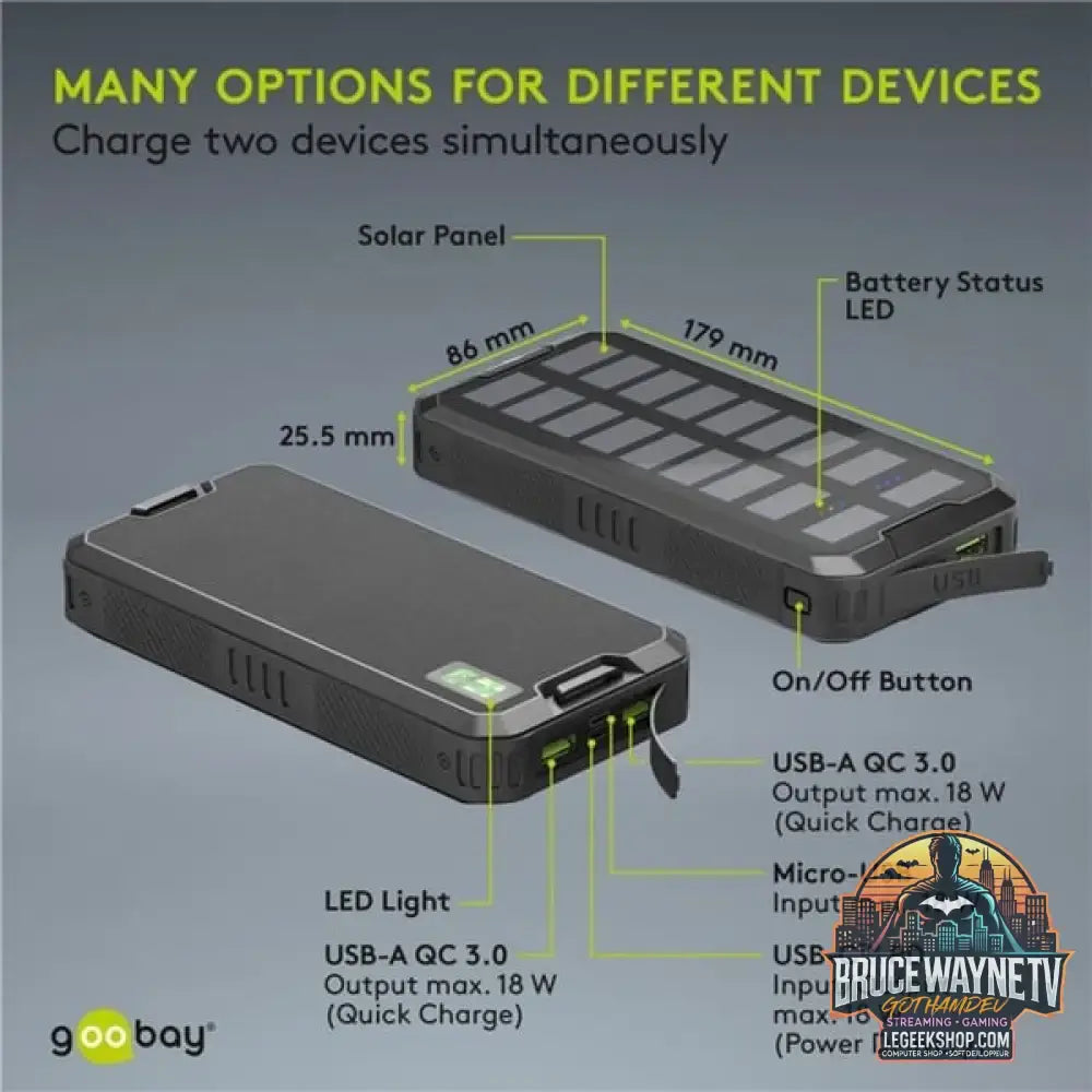 goobay Outdoor Schnelllade-Powerbank 20.000 mAh mit Solar schwarz, USB-C PD, QC 3.0 - Stromquelle: Solar, USB-C, Micro-USB - vue 13