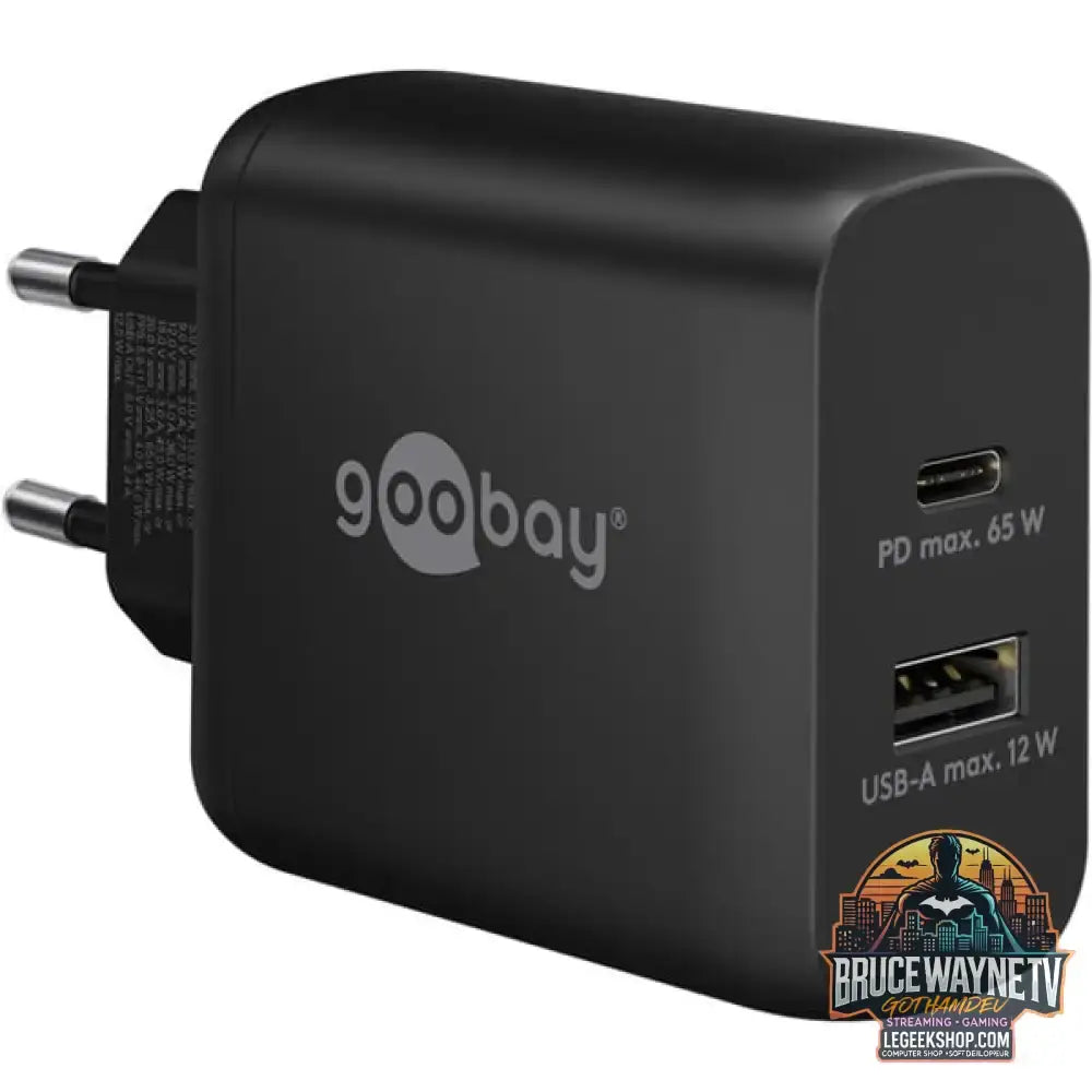 goobay USB-C Dual-Schnellladegerät, PD, GaN, 65 Watt schwarz, 1x USB-C, 1x USB-A, Power Delivery - goobay