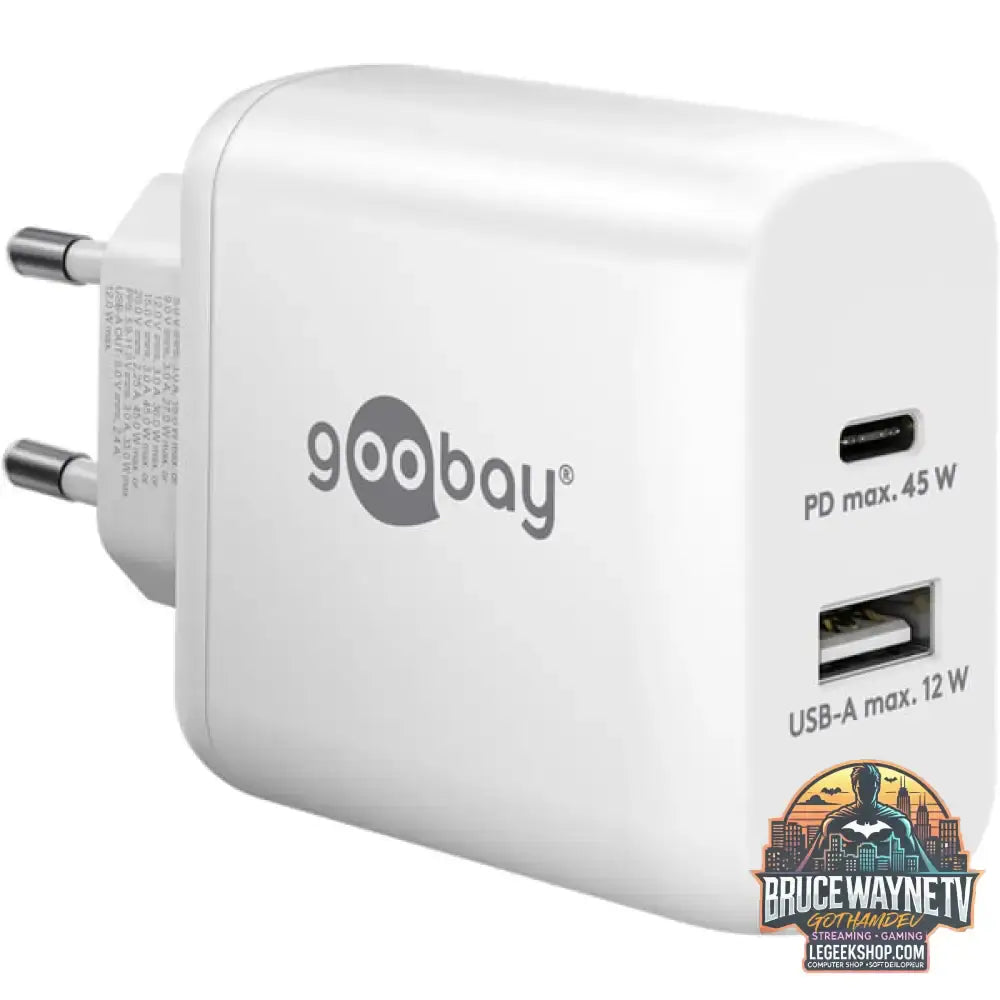 goobay USB-C PD Dual-Schnellladegerät 45 Watt weiß, 1x USB-A, 1x USB-C PD, GaN-Technologie - goobay