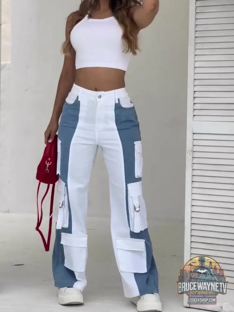 Jean Cargo Poches Contrastées Patchwork Élégant - White / S - Jean Cargo