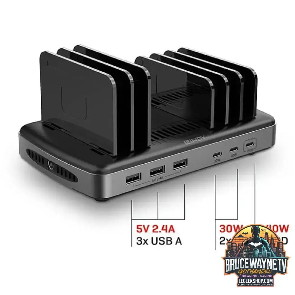 Lindy 160W 6 Port USB-Ladestation, 3x USB-A + 3x USB-C schwarz/grau, PD 3.0, QC 3.0/4.0, Samsung AFC, gleichzeitiges Laden von 6 Tablets / Smartphones - Lindy - vue 3