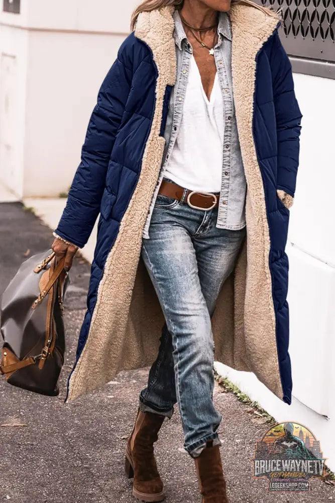 Manteau Long Capuche Hiver Réversible Élégant Femme - Navy Blue / XS - Manteau Femme