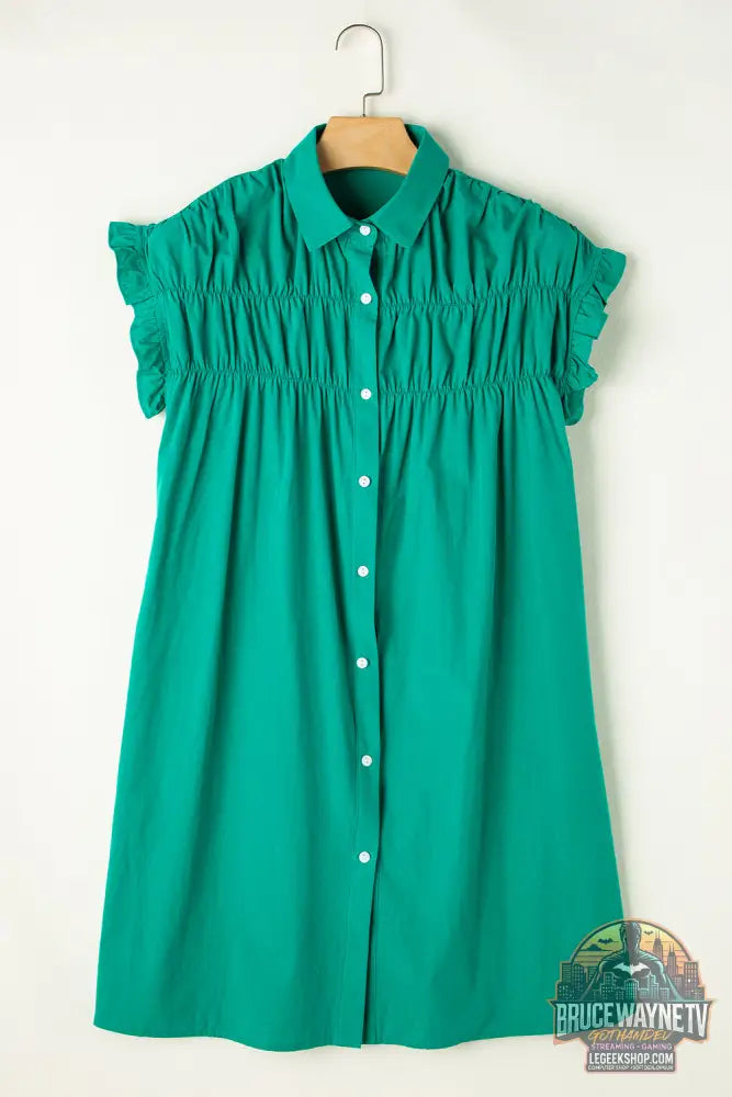 Robe courte boutonnée à manches volantées et froncée vert vif - Dresses/Mini Dresses