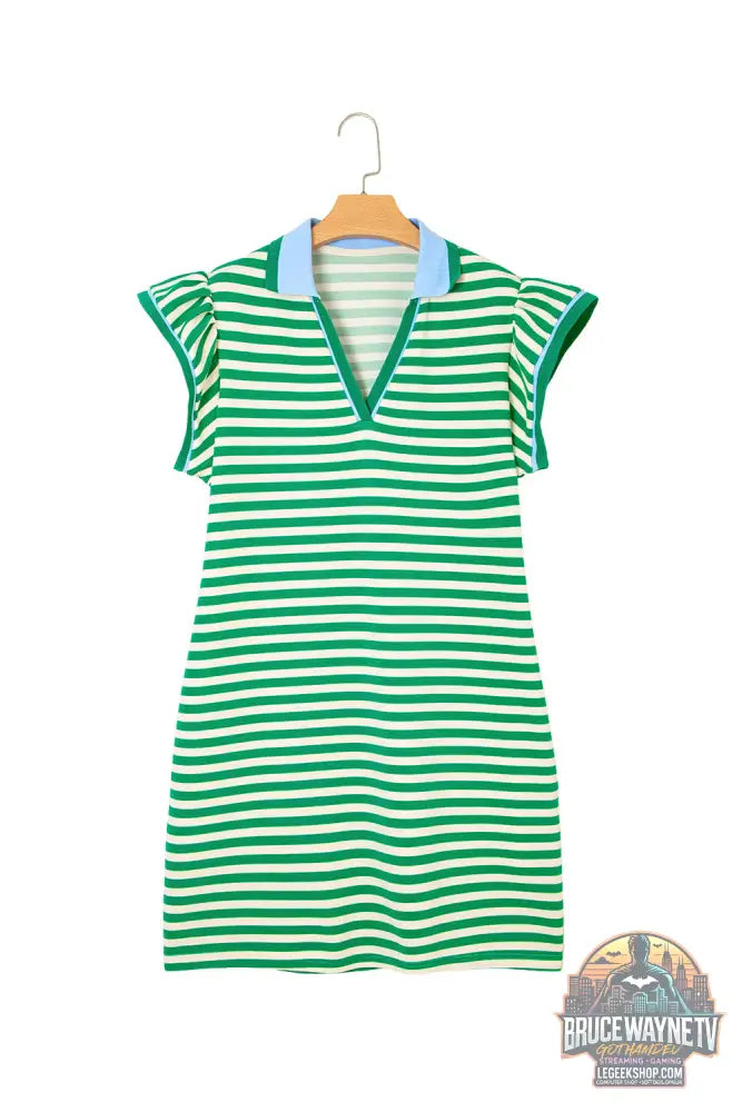 Robe Courte Femme – Rayée · Col V Fendu · Col Contrasté · Manches Flottantes · 3 Coloris - Robe Femme