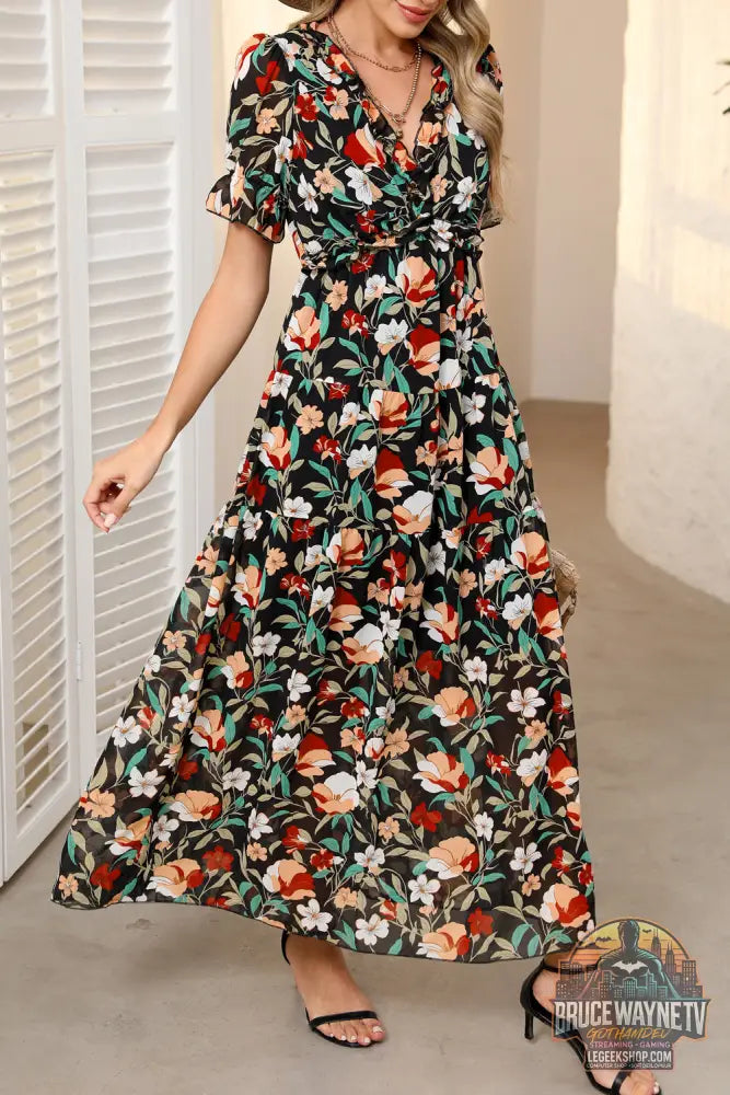 Robe longue à imprimé floral ardent et à volants col en V manches courtes bleu ciel - Black / S / 100% Polyester
