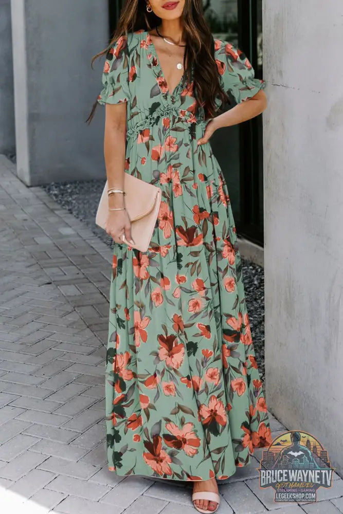Robe longue à imprimé floral ardent et à volants col en V manches courtes bleu ciel - Green / S / 100% Polyester