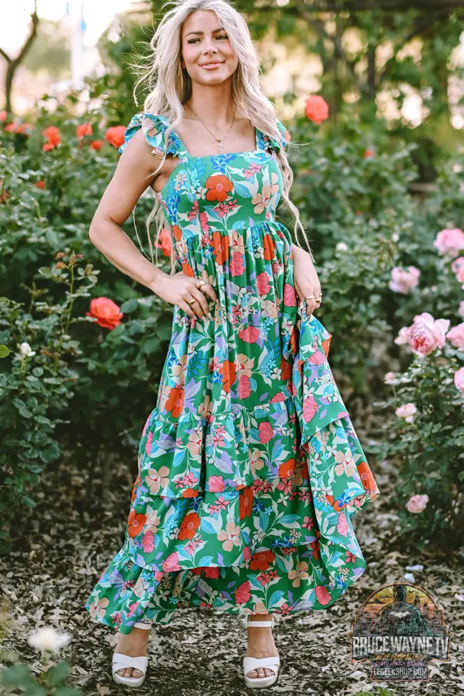 Robe longue à volants et à volants sans manches à imprimé floral vert - Dresses/Floral Dresses