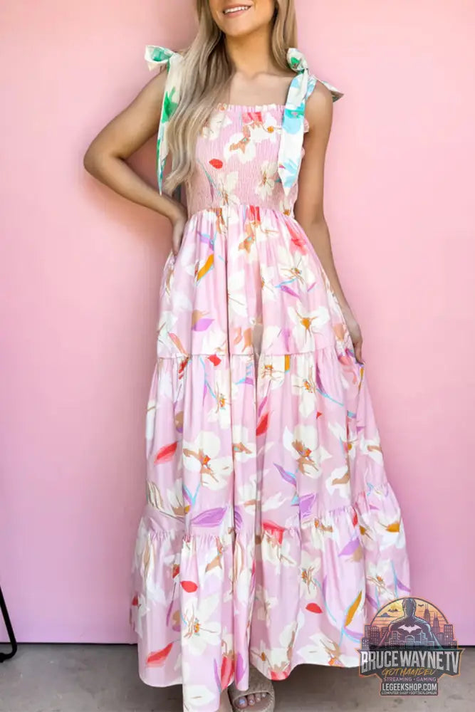 Robe longue smockée rose à imprimé floral et épaules nouées - Dresses/Floral Dresses