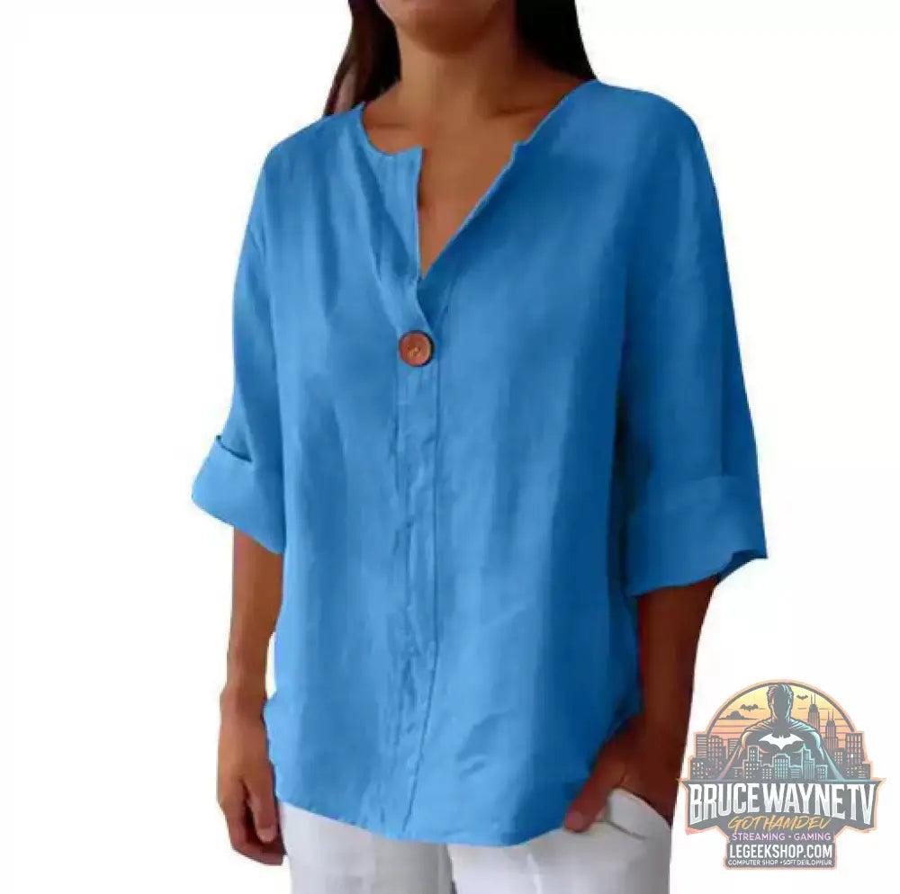 T-Shirt Femme Col V Manches Longues Coton Lin Boutons Décontracté - Peacock blue / 3XL - T-Shirt Femme
