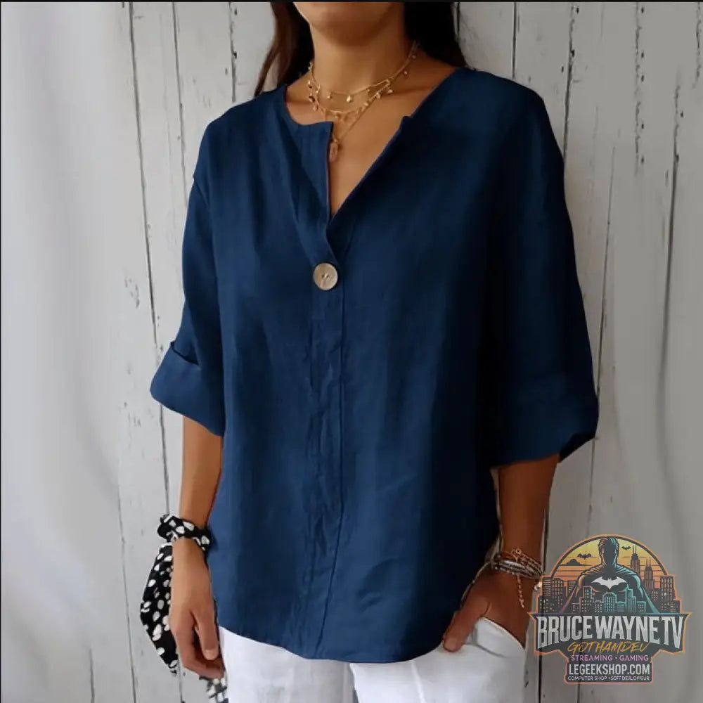 T-Shirt Femme Col V Manches Longues Coton Lin Boutons Décontracté - Navy Blue / 3XL - T-Shirt Femme