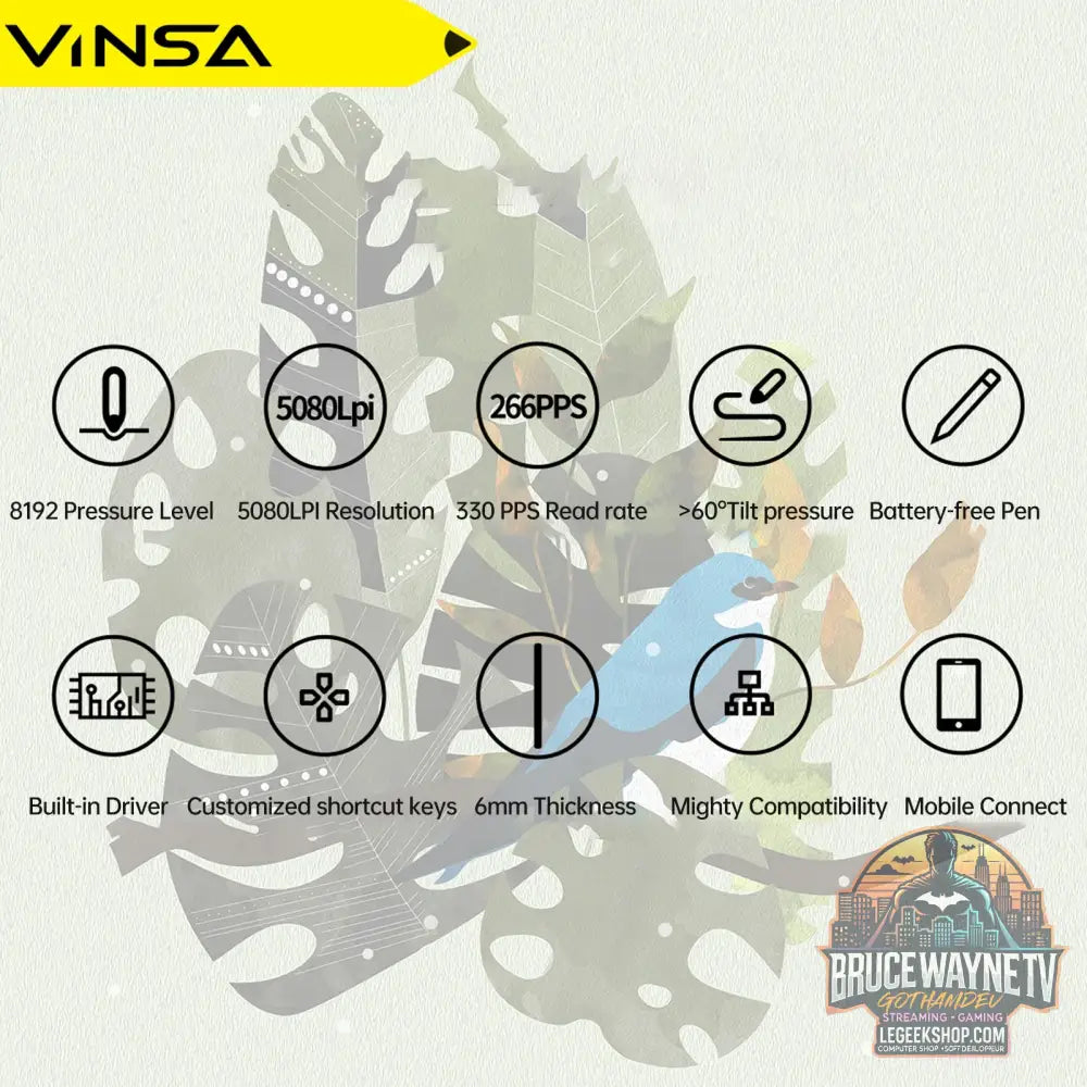 Tablette Graphique VINSA T1161 Ultra-Mince, 8192 Niveaux de Pression Stylet sans Batterie - Tablette Graphique