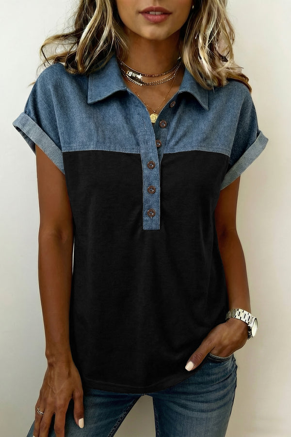 Haut color block, patchwork denim, manches courtes, col polo, boutons — noir