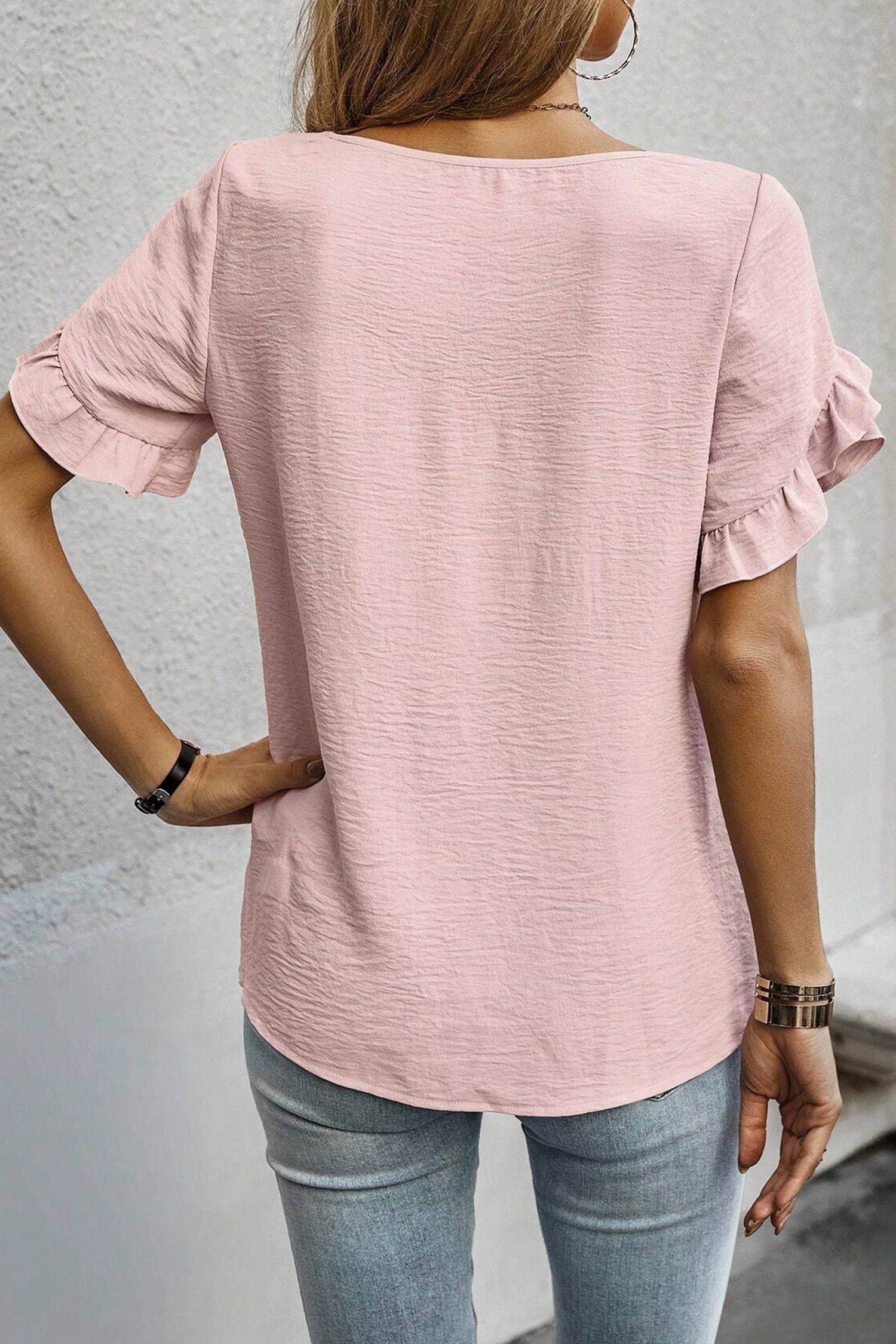 Blouse volants, uni, manches courtes — rose clair