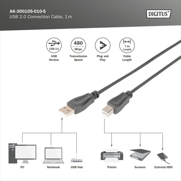 € 1,84 Digitus USB 2.0 Anschlusskabel USB-A (Stecker) > USB-B (Stecker) - Digitus - vue 5