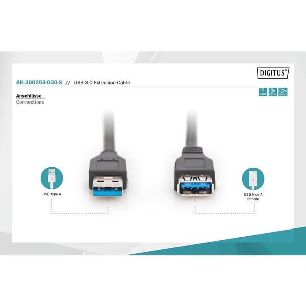 (€ 2,15 / 1 m) Digitus USB 3.2 Gen 1 Verlängerungskabel, USB-A Stecker > USB-A Buchse - Digitus - vue 5