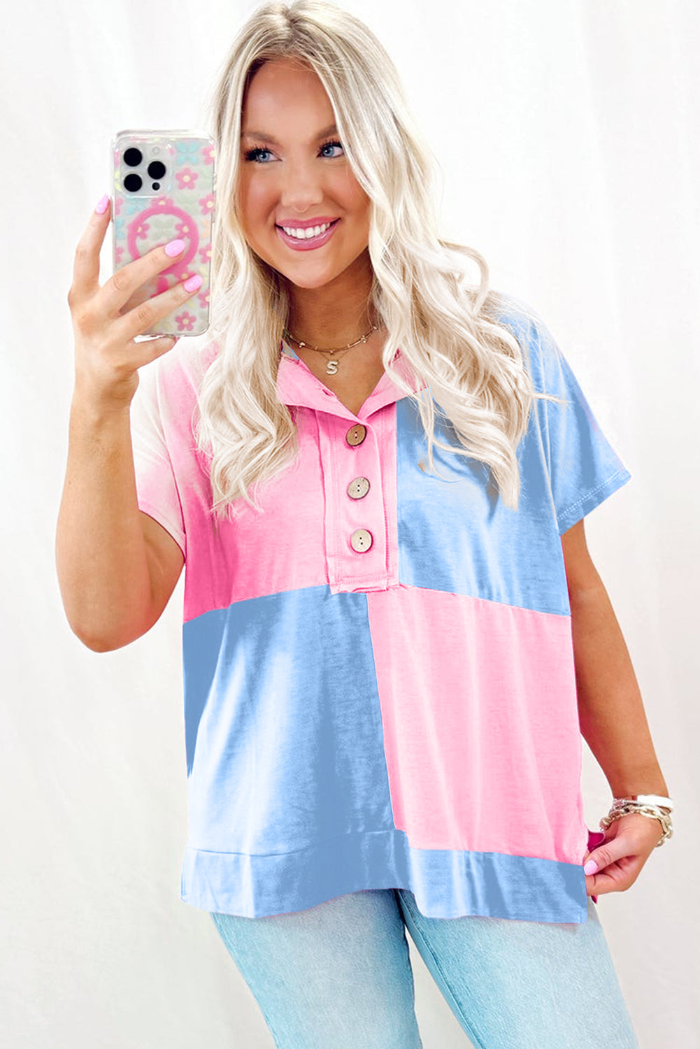 Mint Green Two Tone Half Buttons Collared T Shirt