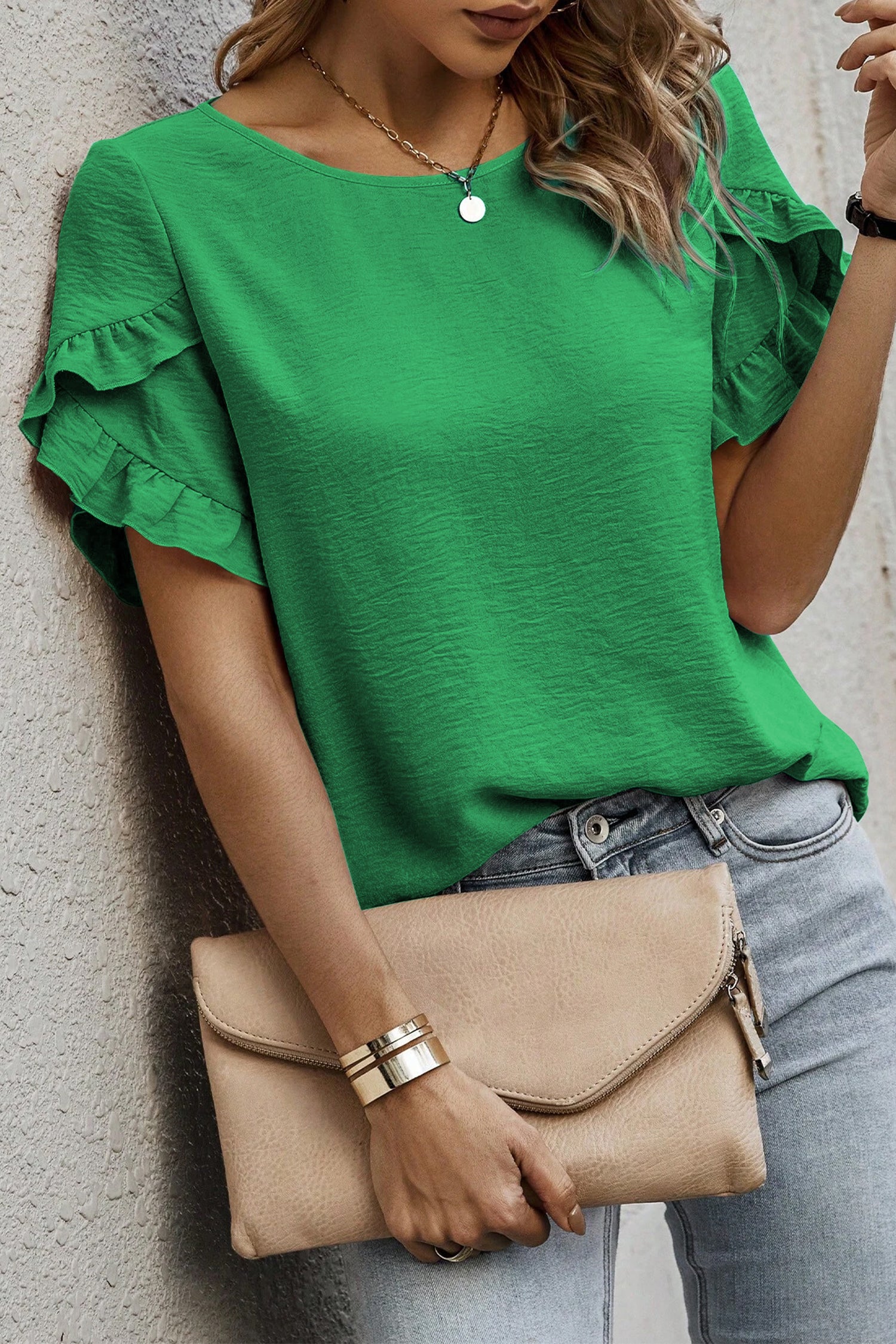 Blouse volants, uni, manches courtes — rose clair