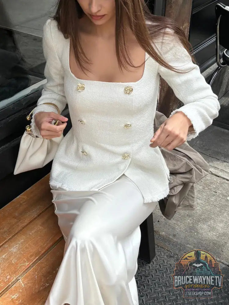 Blazer Femme Col Carré Taille Marquée Manches Longues - White / XS - Blazer Femme
