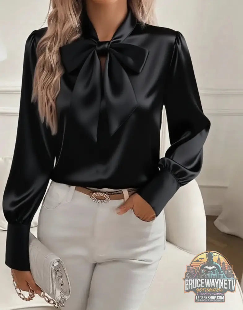 🎀 Chemise Satin Nœud Femme - Couleur Unie Casual Polyvalente 🎀 - Black / S - Chemise Satin Nœud Femme