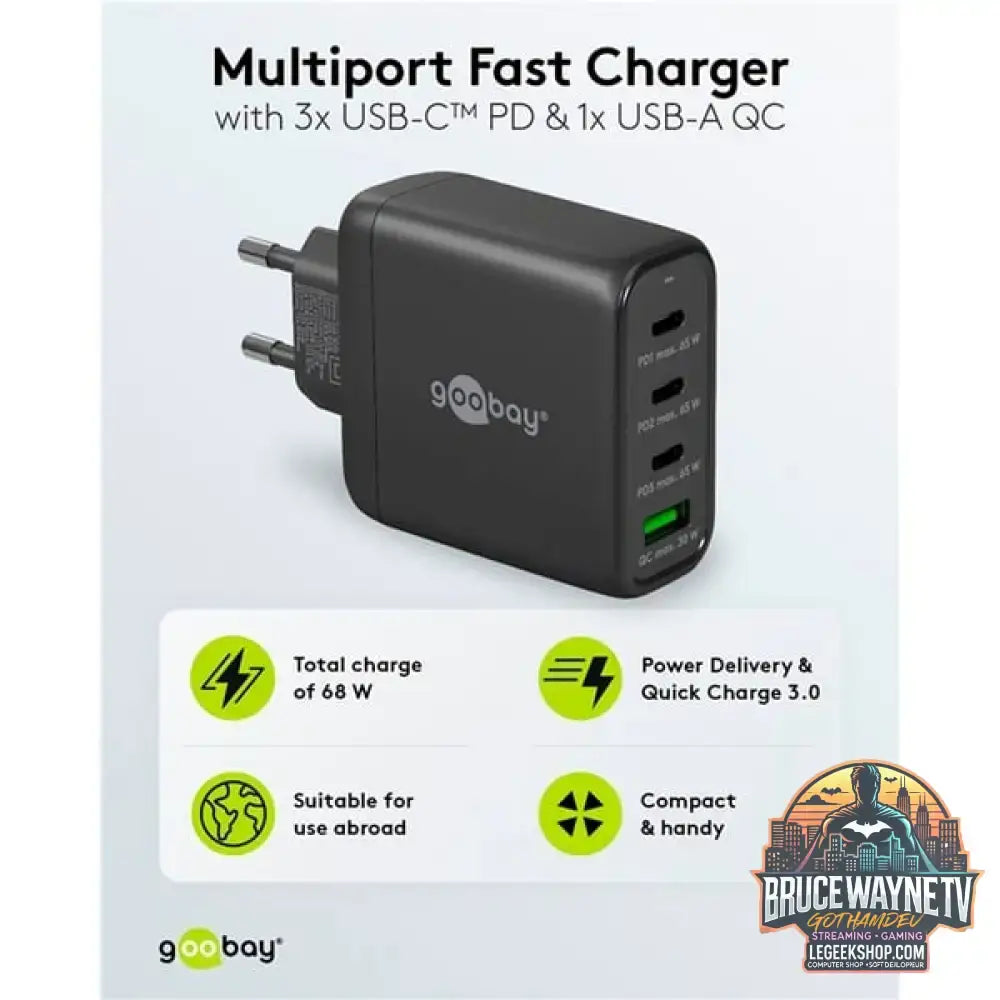 goobay USB-C Multiport-Schnellladegerät, PD, GaN, 68 Watt schwarz, 3x USB-C, 1x USB-A, Power Delivery, QuickCharge - goobay - vue 10