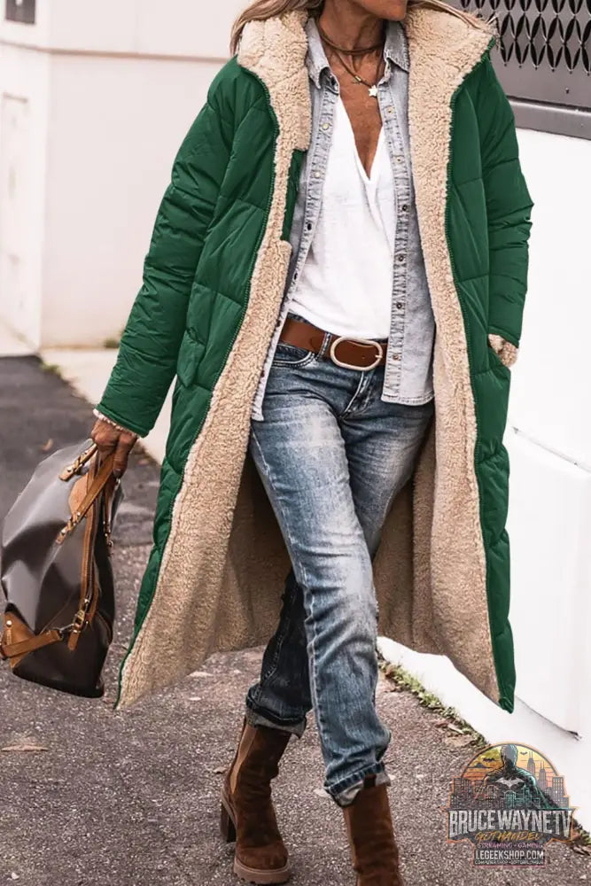 Manteau Long Capuche Hiver Réversible Élégant Femme - Green / XS - Manteau Femme