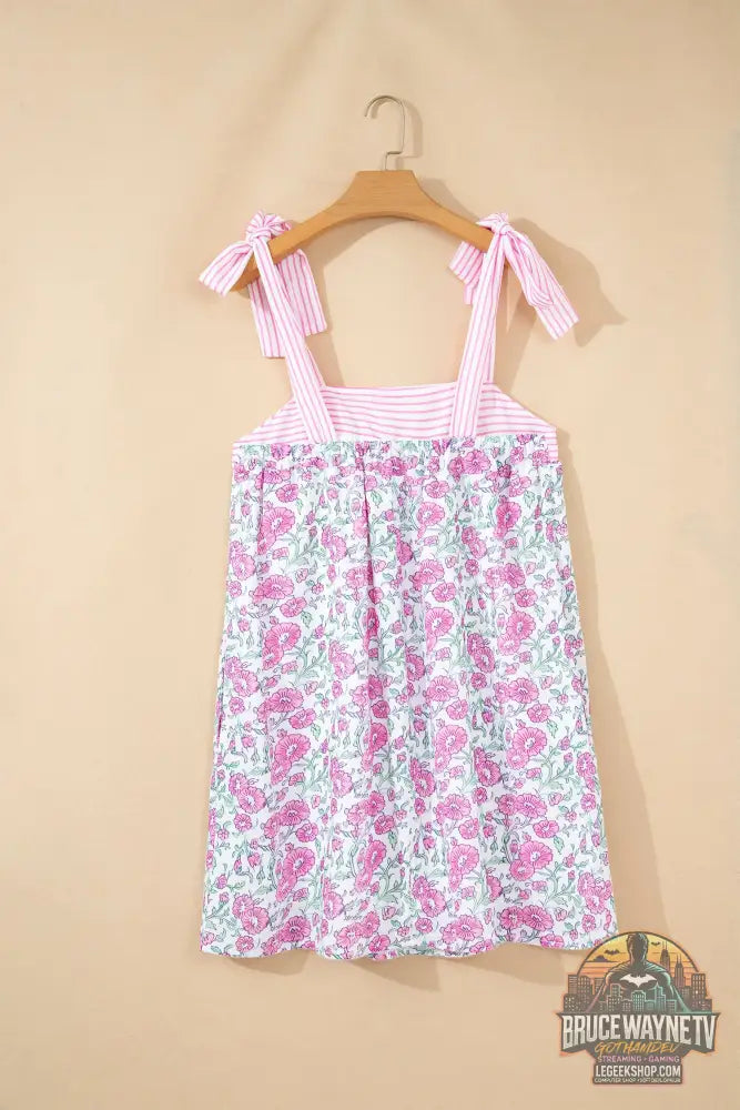 Mini-Robe Femme Patchwork Floral et Rayures - Bretelles Noeud Papillon - Sans Manches - Bleu Ciel et Rose - Robe Femme