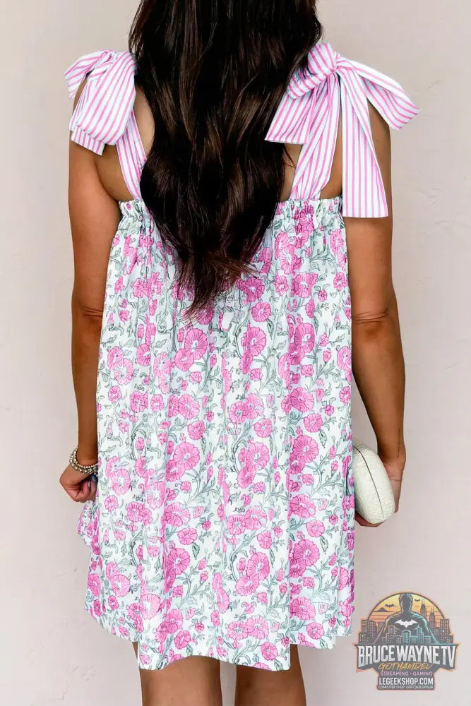 Mini-Robe Femme Patchwork Floral et Rayures - Bretelles Noeud Papillon - Sans Manches - Bleu Ciel et Rose - Robe Femme