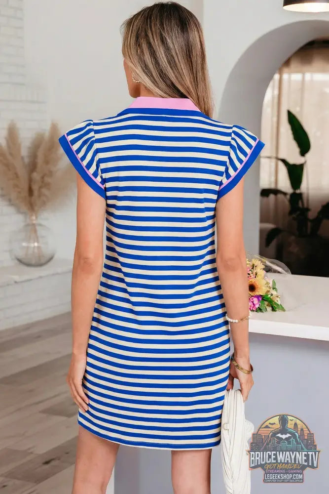 Robe Courte Femme – Rayée · Col V Fendu · Col Contrasté · Manches Flottantes · 3 Coloris - Robe Femme