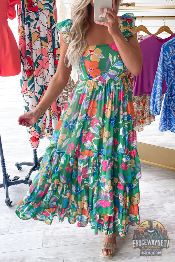 Robe longue à volants et à volants sans manches à imprimé floral vert - Green / S / 100% Polyester - Dresses/Floral