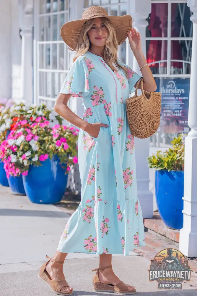 Robe Longue Femme – Florale · Col Cranté · Manches Courtes Flottantes · Taille Haute · 2 Coloris - Robe Femme