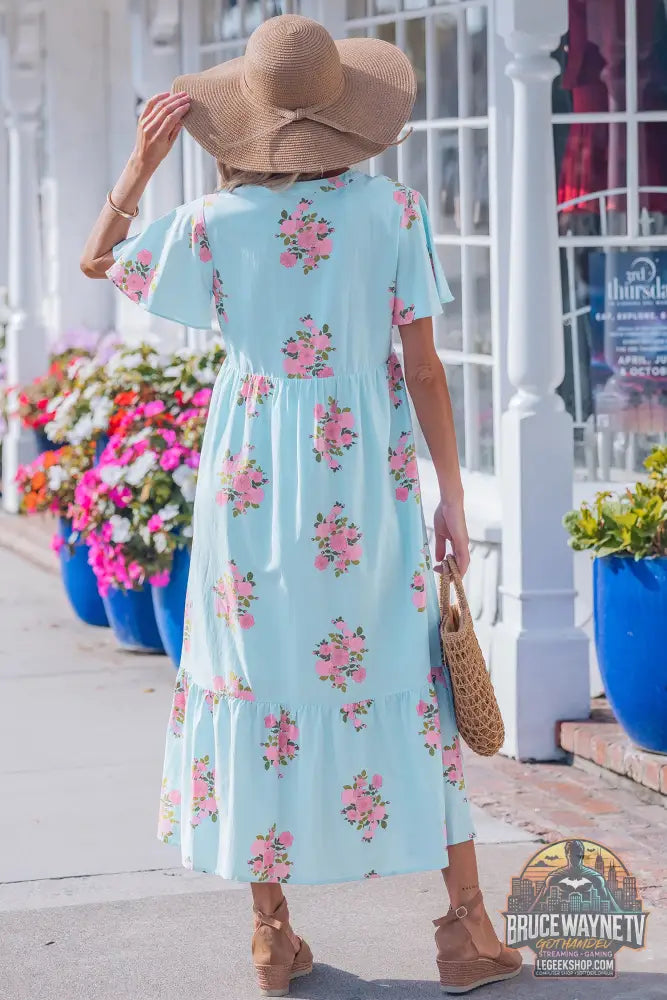 Robe Longue Femme – Florale · Col Cranté · Manches Courtes Flottantes · Taille Haute · 2 Coloris - Robe Femme