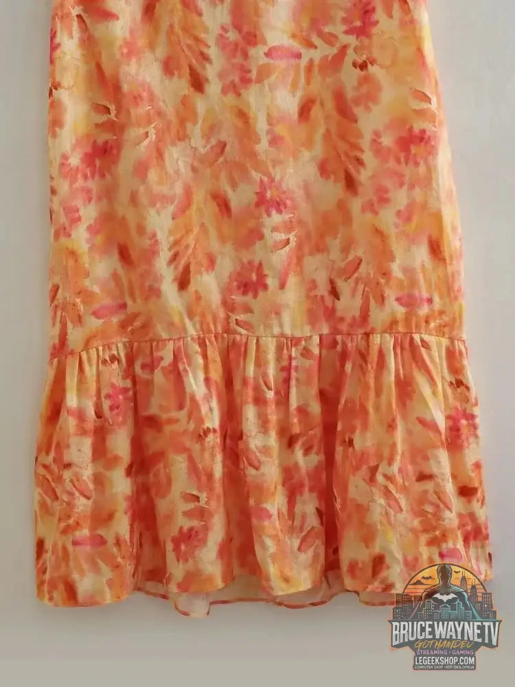 Robe longue Orange pour femmes mode d’été Sexy col en v sans manches dos nu imprimé à volants ajouré robes de plage