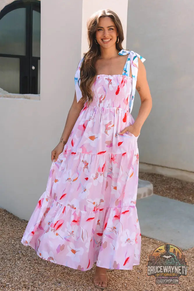 Robe longue smockée rose à imprimé floral et épaules nouées - Dresses/Floral Dresses