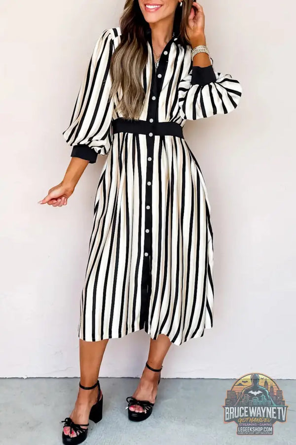 Robe mi-longue boutonnée noire à rayures et manches 3/4 bouffantes - Black Stripe / S / 100% Viscose - Dresses/Midi