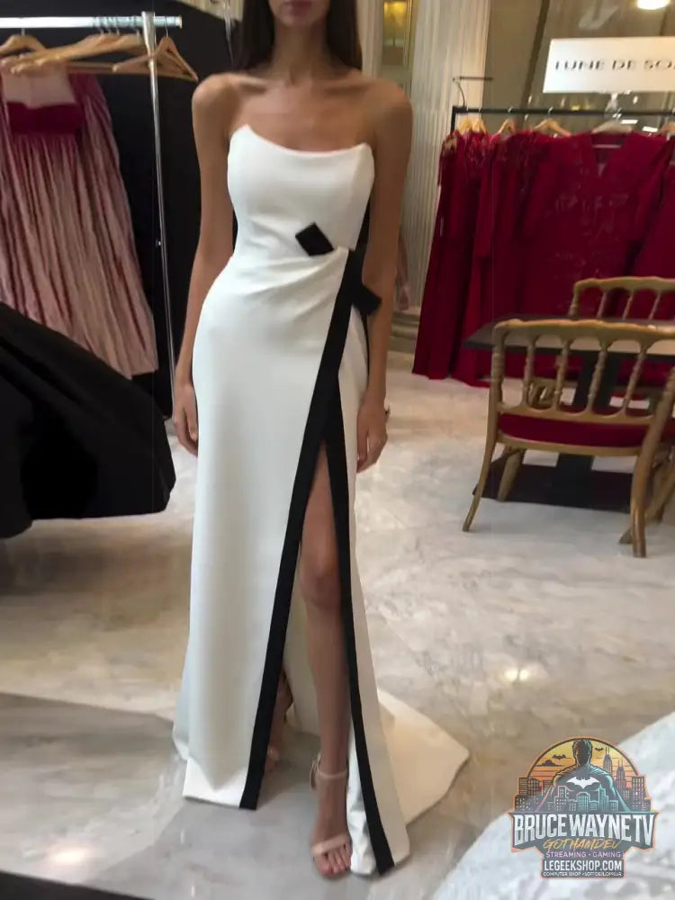 Robe Soirée Longue Noir Blanc Bustier Fendue Élégante - White / XS - Robe Soirée