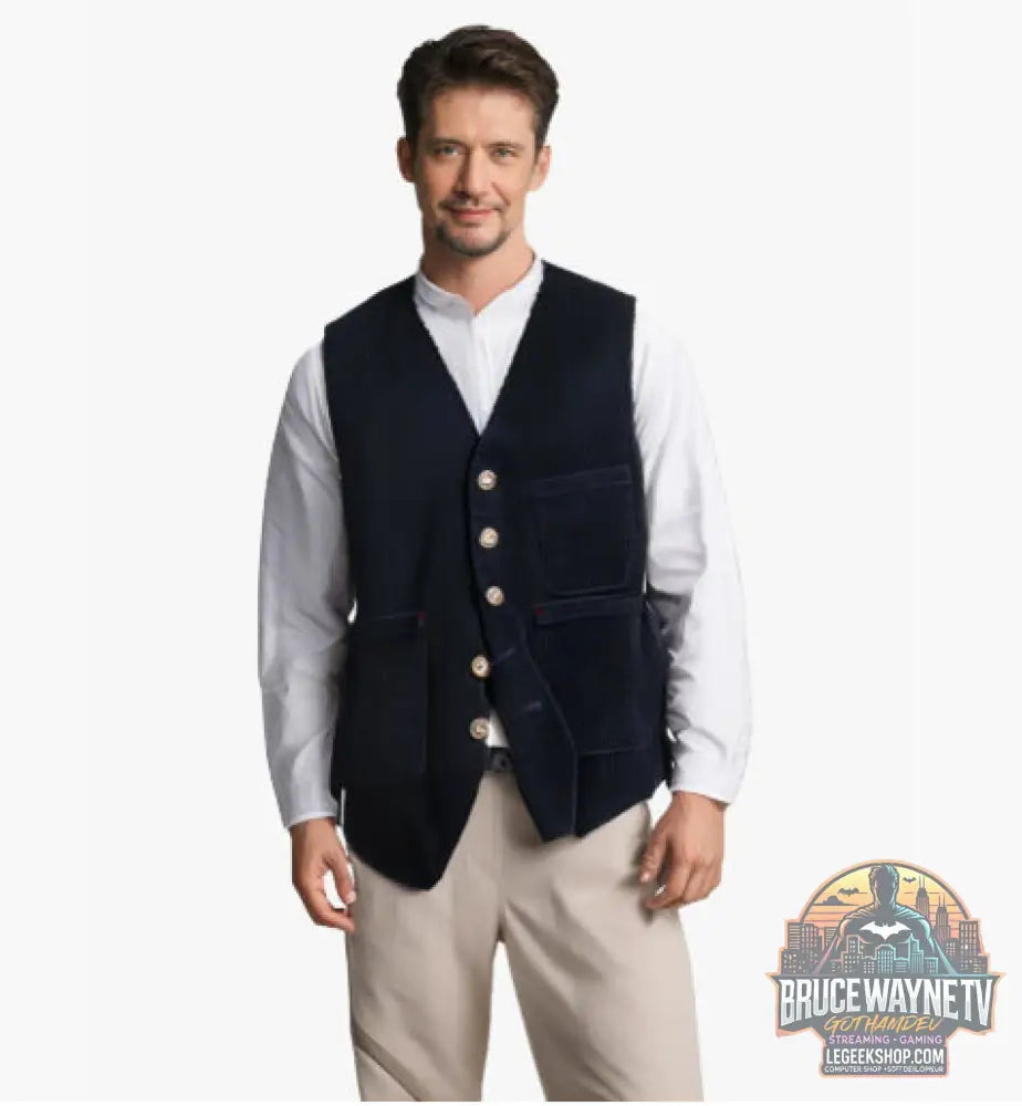 Veste Blazer Homme Velours Côtelé Hiver Casual Chaud Noir Marron Vert Bleu - Dark blue vest with patch poc / L - Veste